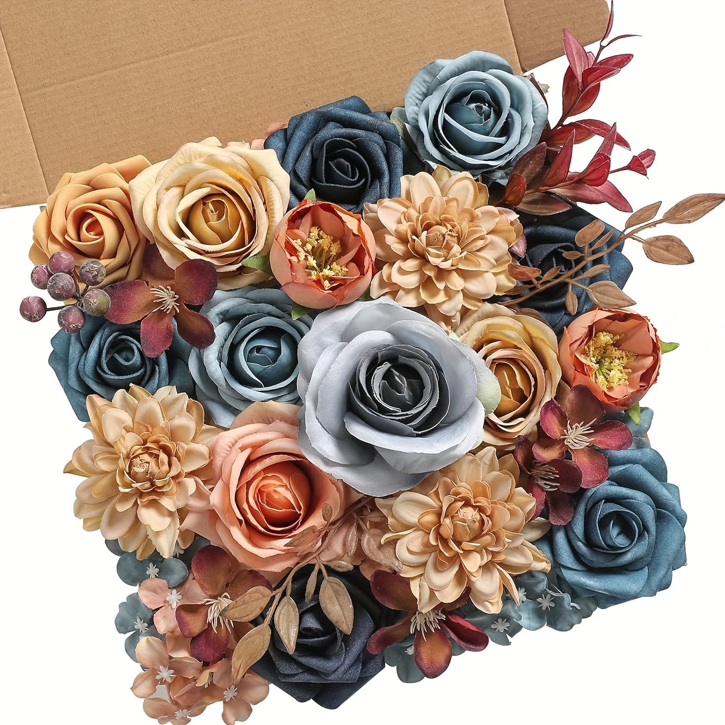 TEMU Blue Brown Simulated Flower Set With Artificial Flowers And Leaves Wedding Bouquet, Cake Flower, Table Center Decoration, Autumn Halloween