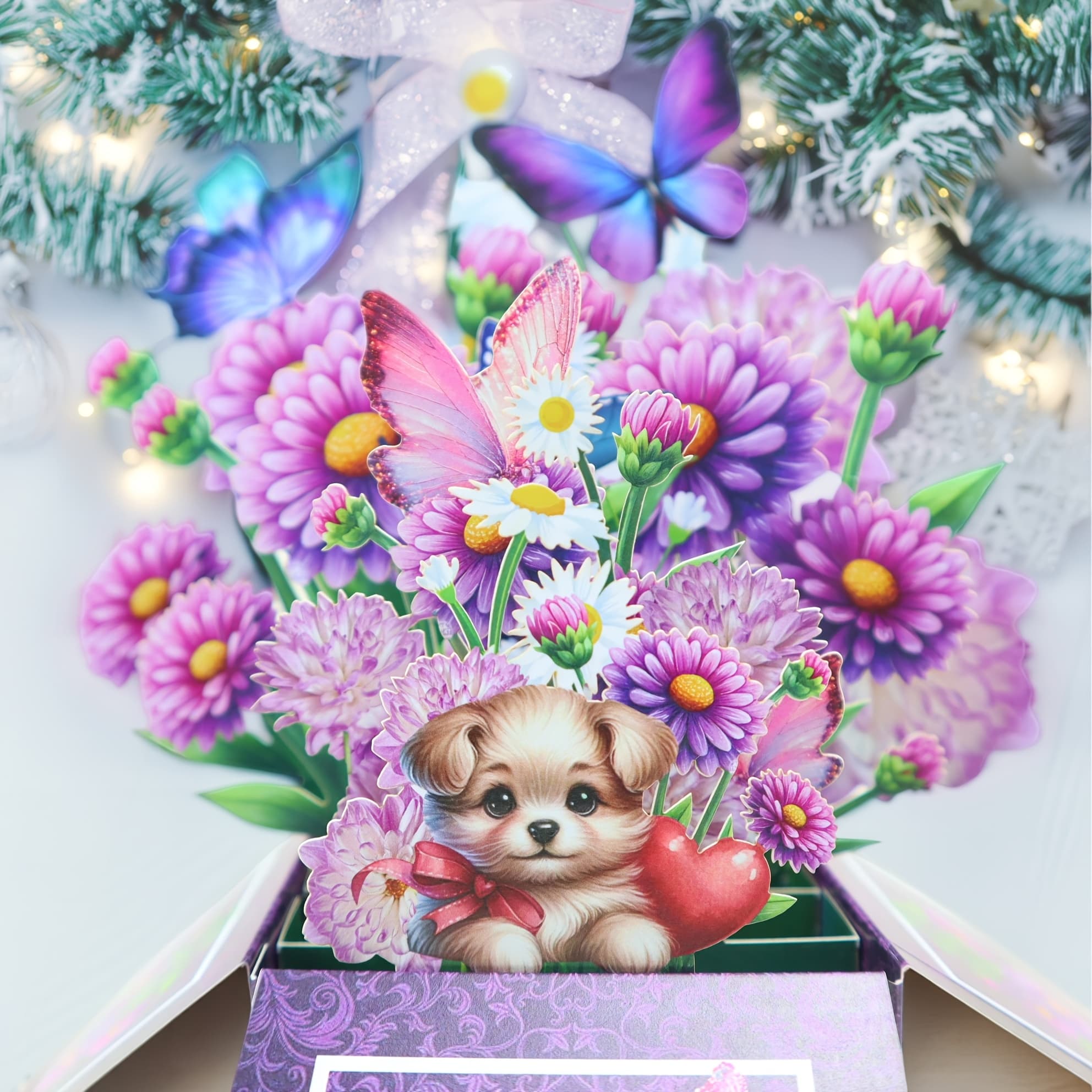 TEMU A Floral 3d Pop-up Greeting Card Featuring A Puppy And Bouquet. A Versatile Holiday Card Suitable For , , , , , Fathers, Mothers, Grandfathers, And Grandmothers. Ideal