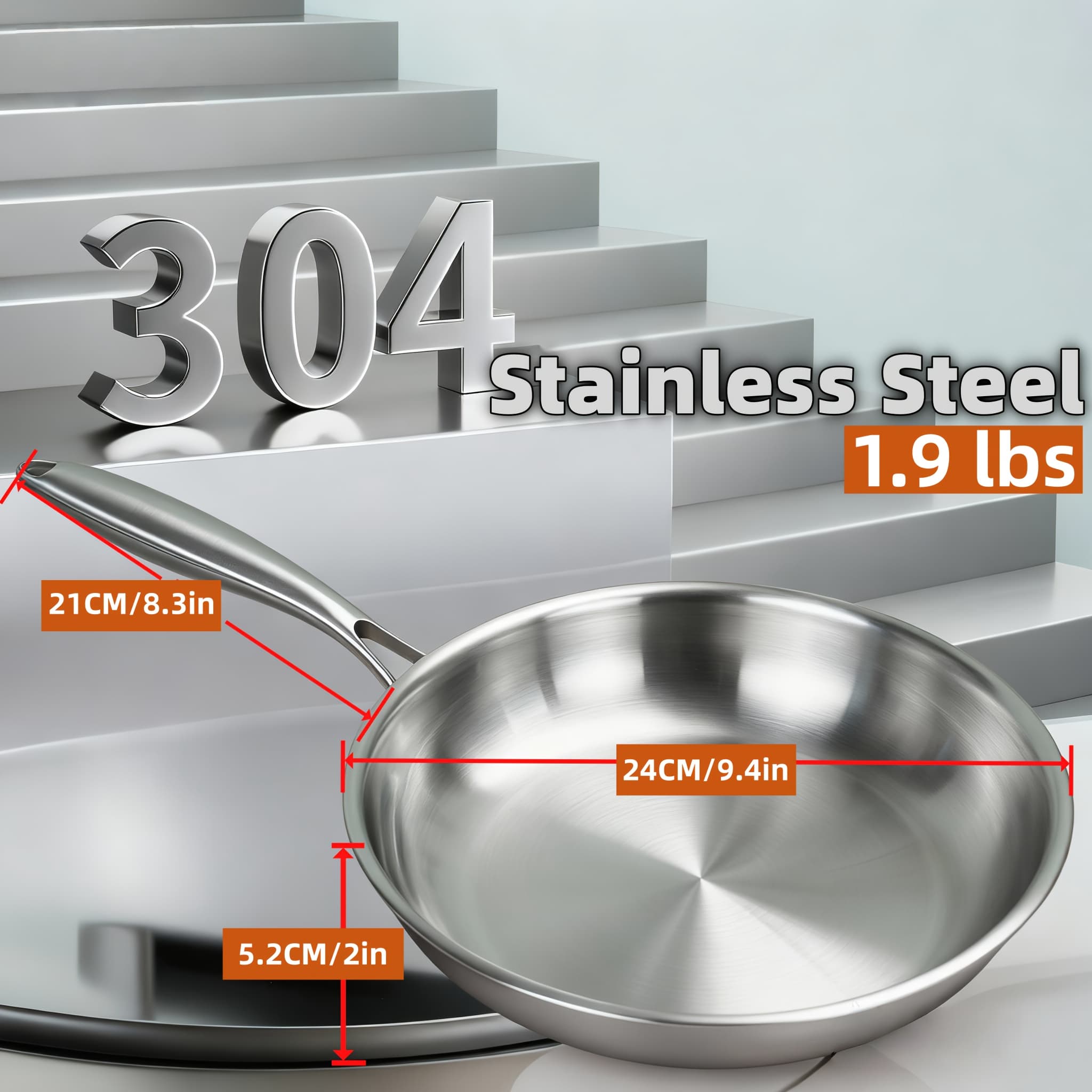 TEMU Heavy Duty Premium 304 Stainless Steel Frying Pan, 3-ply Base For Heat Distribution, Gas And Induction Compatible , Healthy Cooking Cookware For Home Kitchen