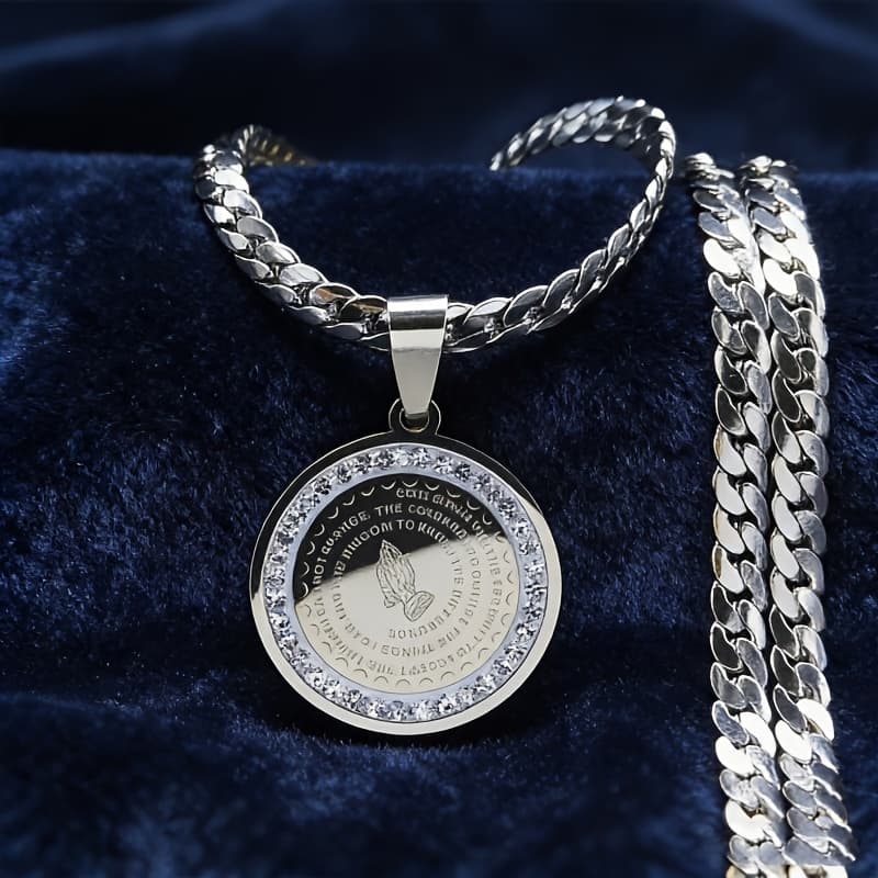 TEMU 1pc Christian Hand Necklace With Stainless Steel Round Plate Inlaid With Artificial Zirconia Design, Anti-allergic Religious Gift For