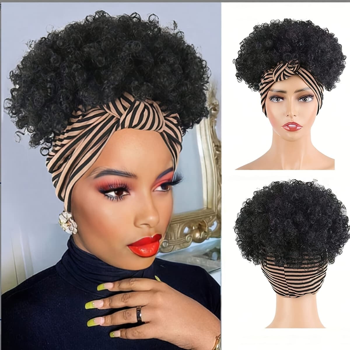 TEMU Black Headband Wigs For Women Afro Wig With Synthetic Short Hair Wigs With Headband Attached Headwrap Wigs Headband Wig