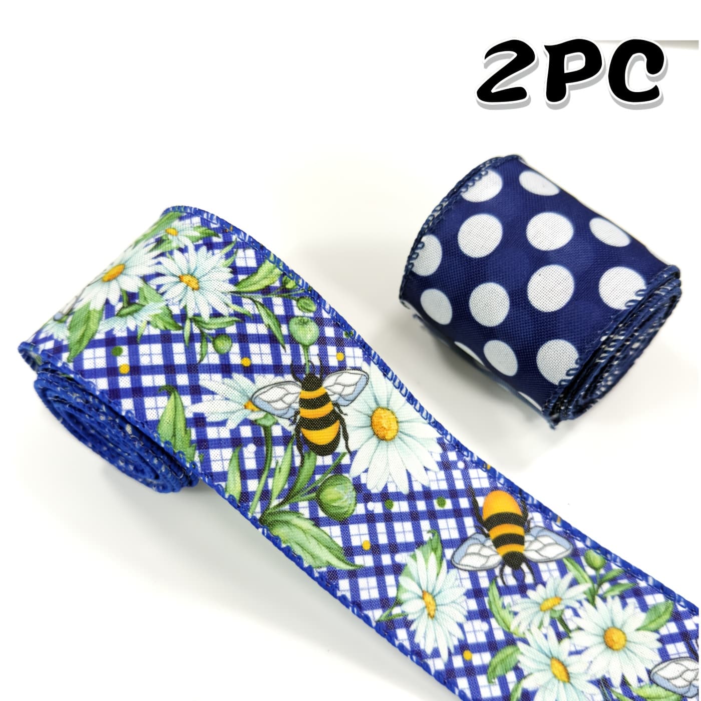 TEMU 2 Rolls Of Wired Ribbons Featuring Spring And With Bees And Daisies, Perfect For Making Wreath Bows And Wrapping Gifts. This Daisy Bee Ribbon Is Ideal For Birthday Party Decorations And Crafts