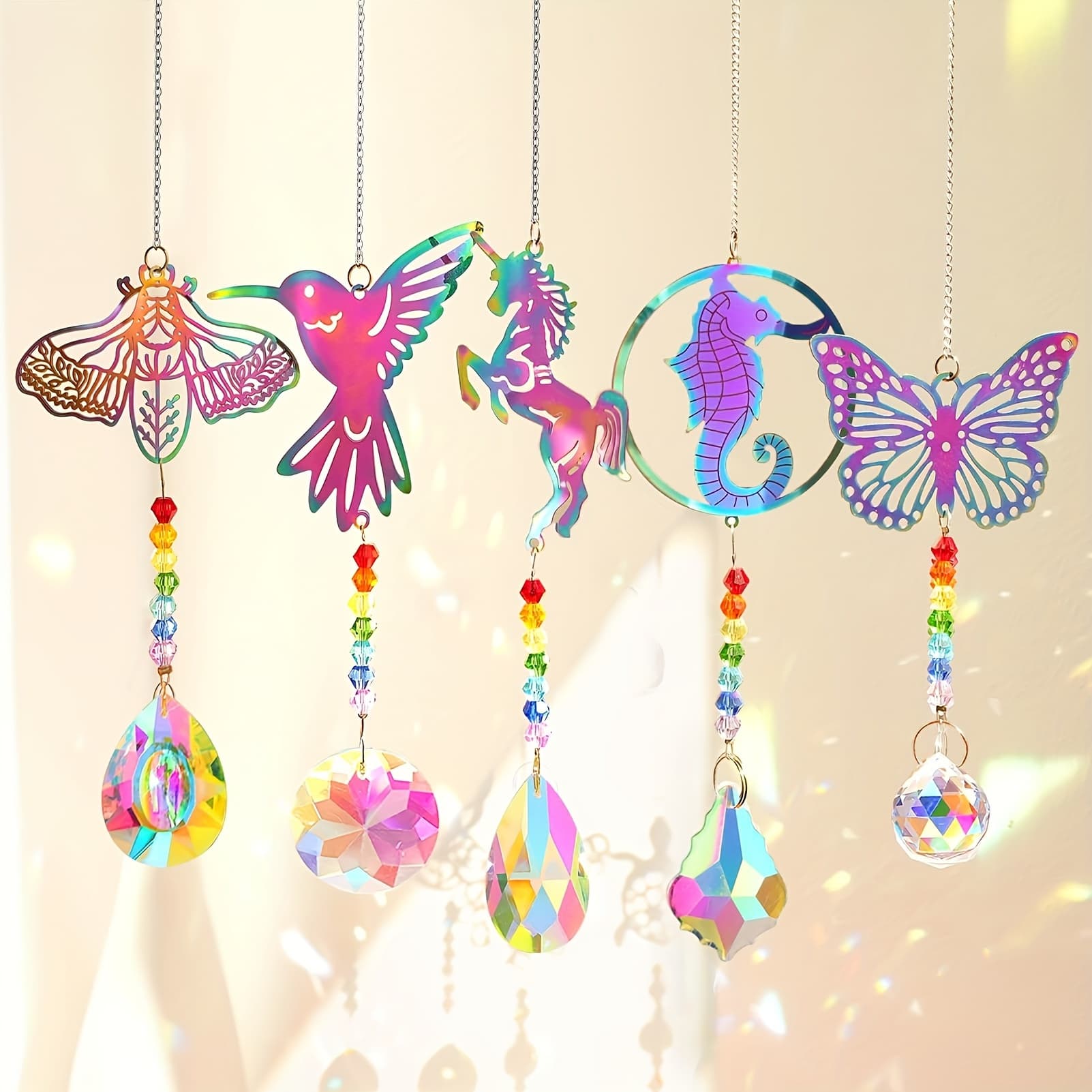TEMU 5-pack Sparkling Crystal Prism Decorations - Ethereal Window Sun Catchers With Owl, Hummingbird And Designs - Indoor Rainbow Makers And