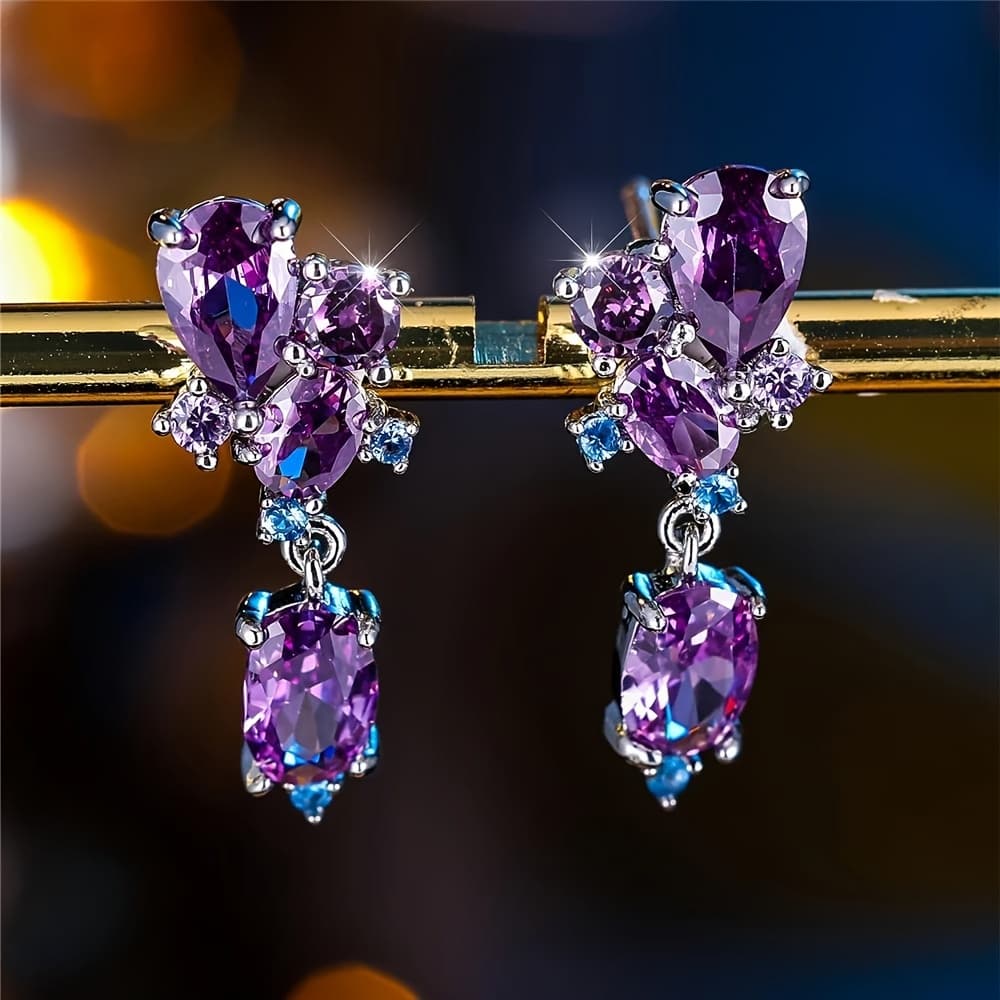 TEMU Retro Purple Zirconia Flower-shaped Women's Fashion Pendant Earrings Party Birthday Gift Engagement Wedding Earrings Anniversary Gift