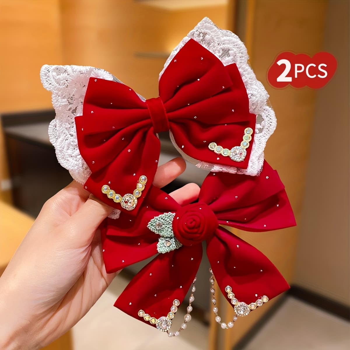 TEMU 2pcs Red 's Day Rose Bow Hair Clips With And Rose Flowers, Lace, And Valentine's Day/new Year Elements - Perfect For Parties And Gifting, Ideal Valentine's Accessory Gift For