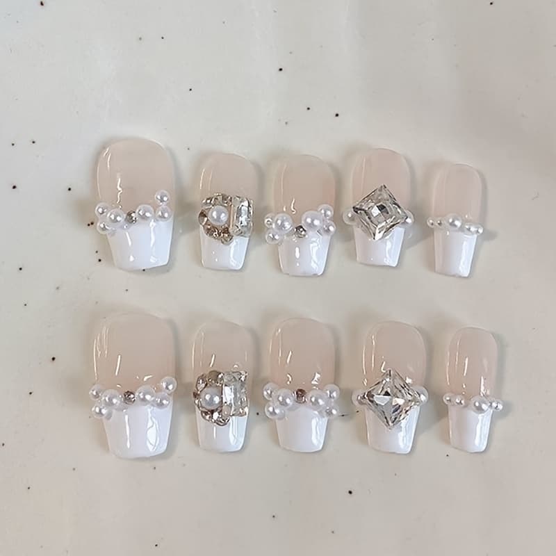 TEMU 10pcs Handmade Medium-length Ballet Fake Nails - Nude Milky White Glitter Base With & Accents, Glossy Detachable Press-on Nails For Daily Wear & Special Occasions, Ballerina Nails