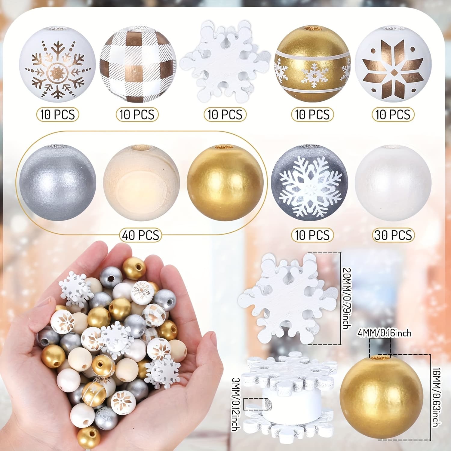 TEMU Efrey210 Christmas Wooden Beads Winter White Snowflake Pattern Woodworking Beads Farmhouse Layered Tray Decoration Christmas Wreath Handmade Bracelet Necklace Home Decoration, 10 Styles