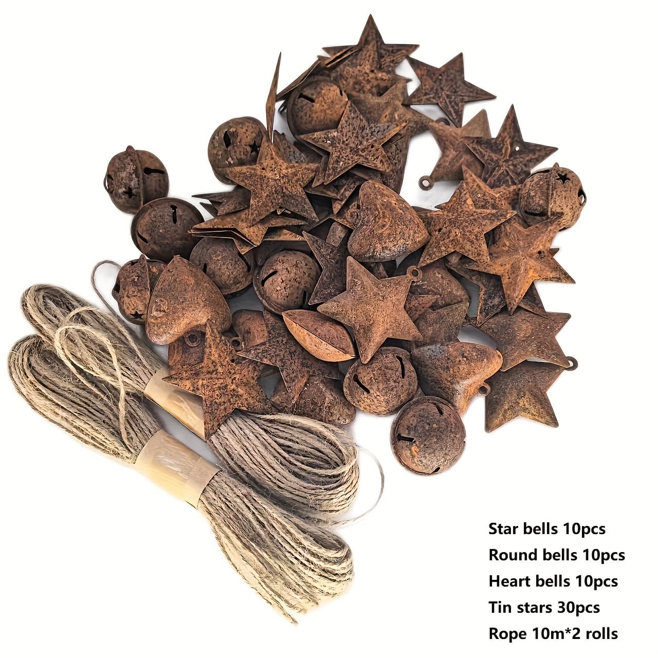 TEMU Pack Of 62pcs Merry Christmas Rusty Tin Bell Heart Bells Round Bells Tin Stars With 2 Rolls Of Rope Decor For Party Home Christmas Tree Vintage Craft Bells