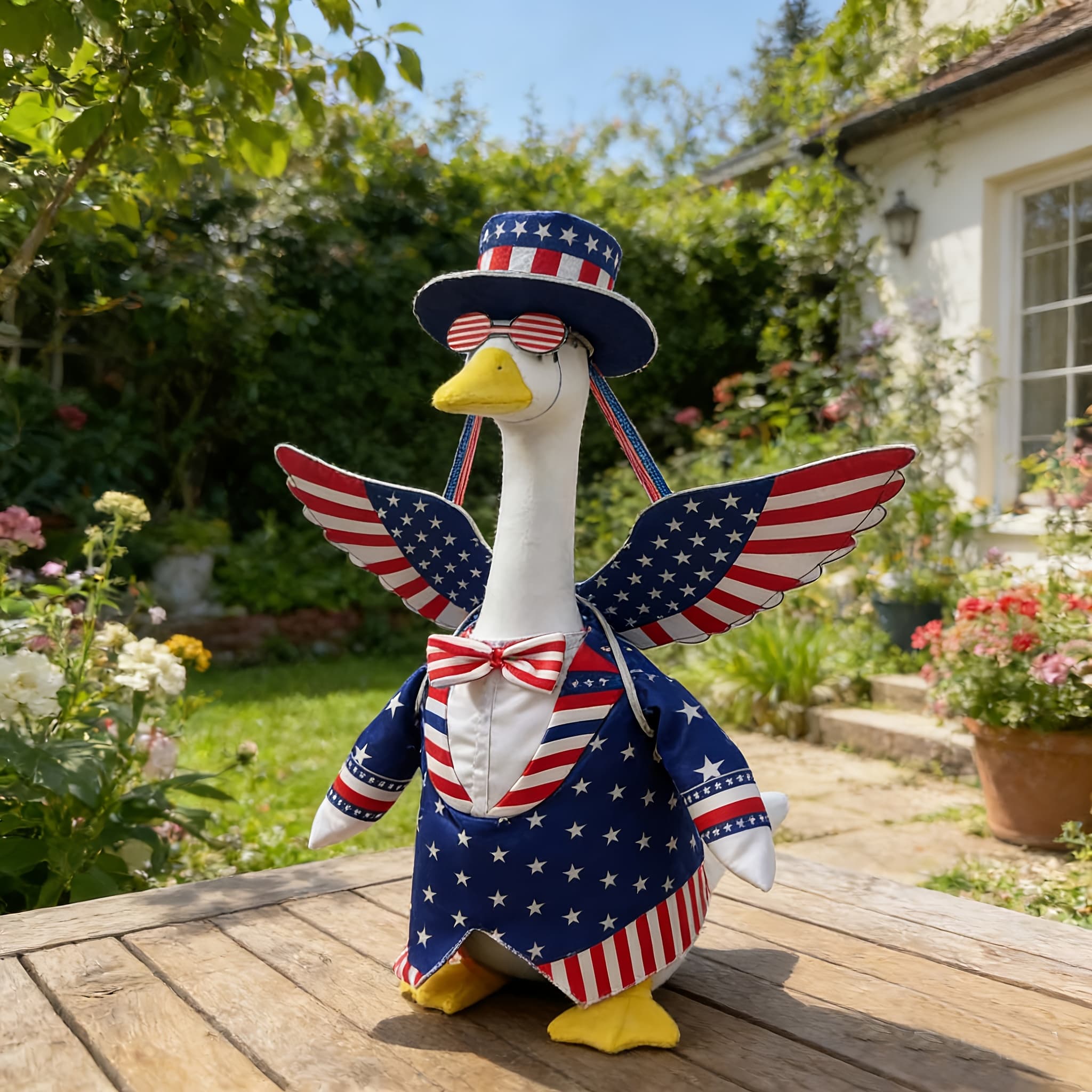 TEMU 23 Inch Porch Goose Patriotic Outfit Set, American Flag Print Costume With Hat & Wings, Day Decor For Front Porch Farmhouse Patriotic Holiday Ornament