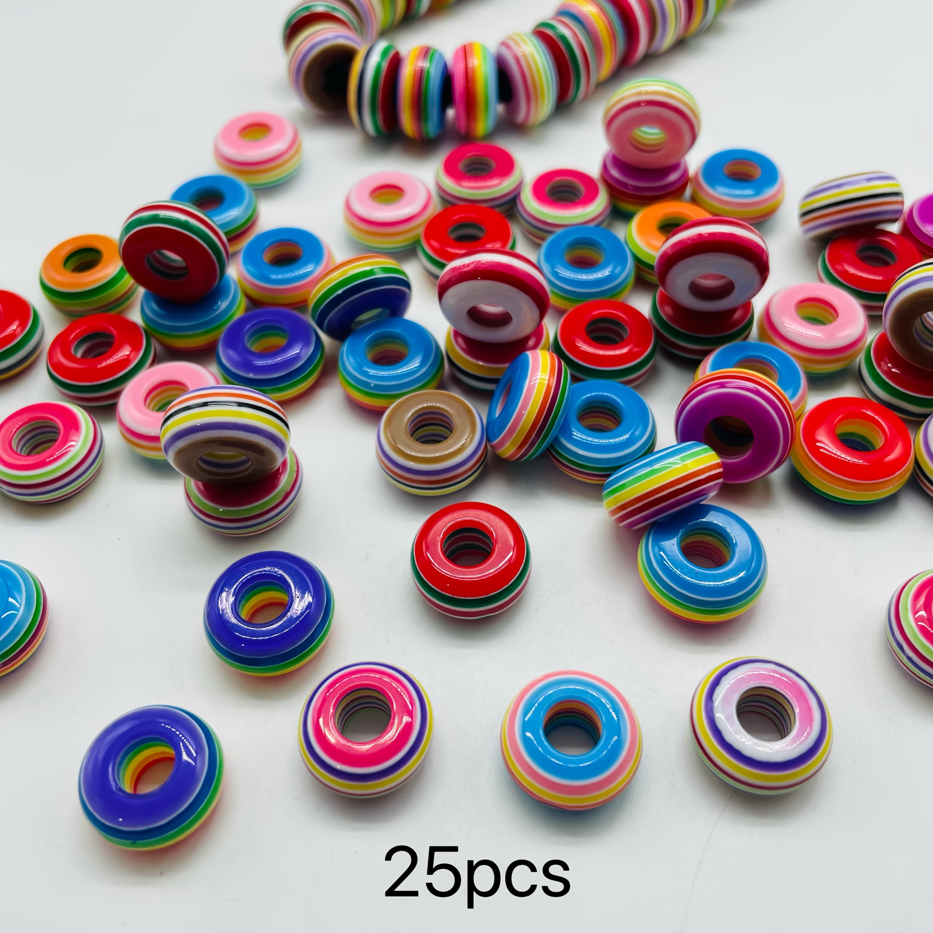TEMU 13mm Colorful Striped Resin Large-hole Round Beads, 25pcs, Wheel Beads, Abacus Beads, Diy Hair Accessories, Bracelets, Loose Beads For Clothing