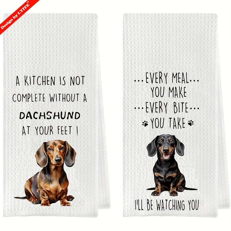 TEMU 2pcs Funny Dachshund Dog Kitchen Towels Set - Super Absorbent & Soft Waffle Weave Dish Cloths With Cute , Microfiber Tea Towels For Gifts, Hand Wash Only (women's Pet-themed Hand Towel)