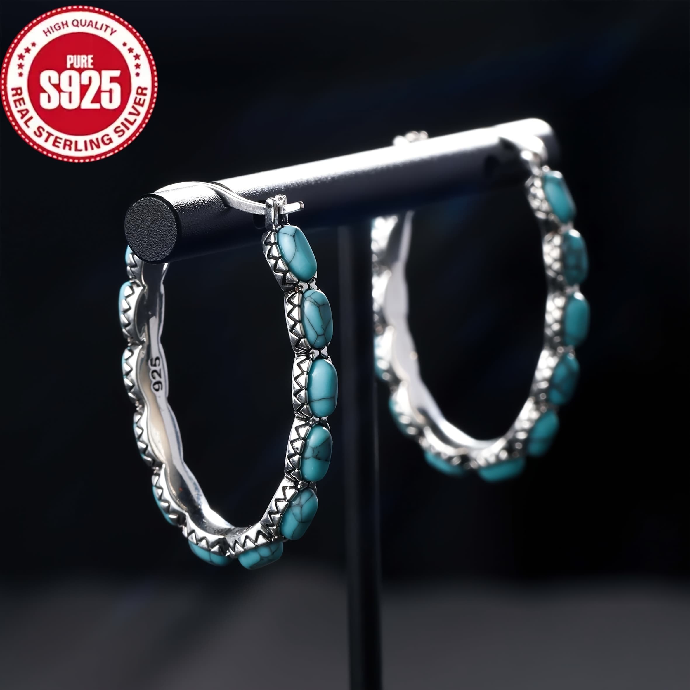TEMU Turquoise Hoop Earrings - 925 Silver, Stylish, Ideal For Parents, Valentine's Day, Anniversaries, Birthdays, And Graduations