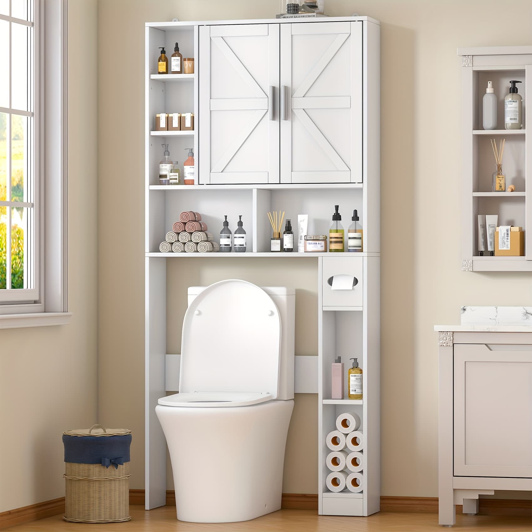TEMU Over The Toilet Storage Cabinet, Farmhouse Storage Cabinet Over Toilet With 2 Barn Door & Toilet Paper Holder Stand, -saving Toilet Rack, For Bathroom, Restroom, Laundry,, White