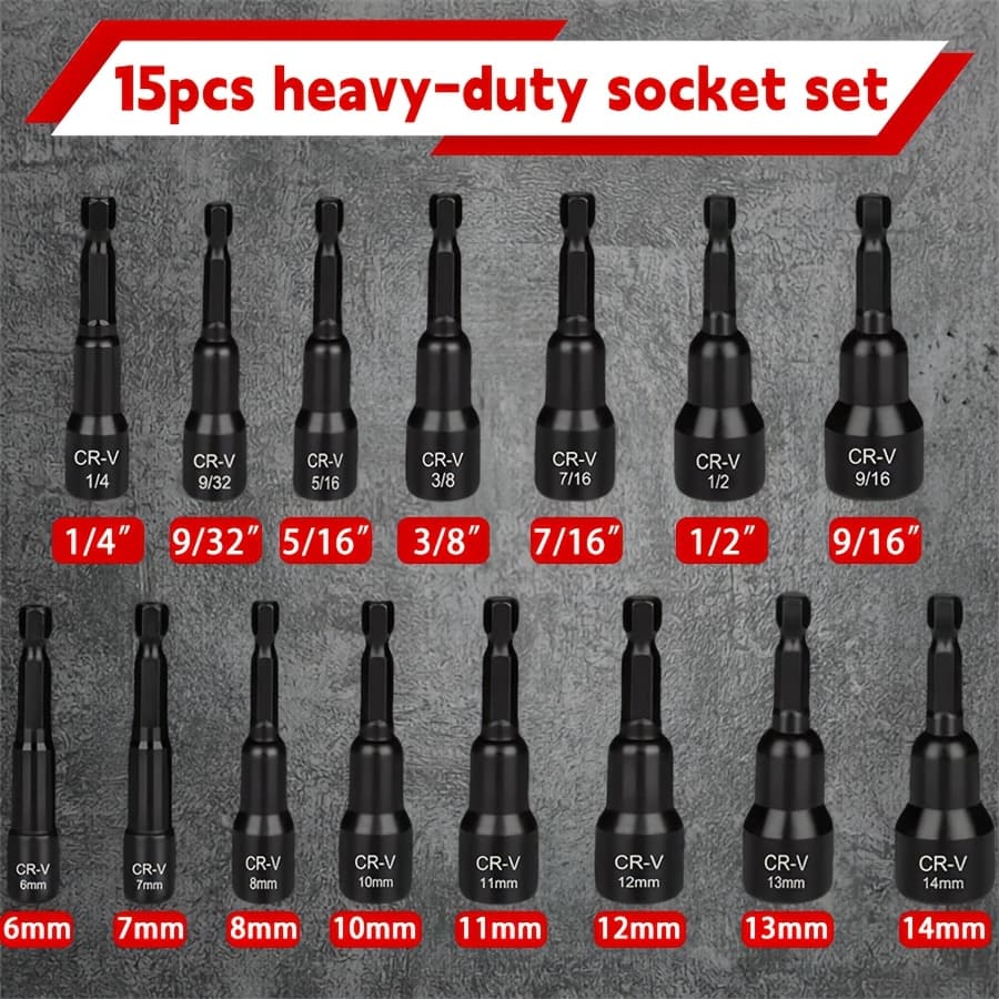 TEMU 15pcs Magnetic Nut Driver Set, Impact Nut Driver Drill Kit, Sae & Metric, 1/4-inch |, Diy & Repair Kit, , Sae & Metric, Gifts For Men