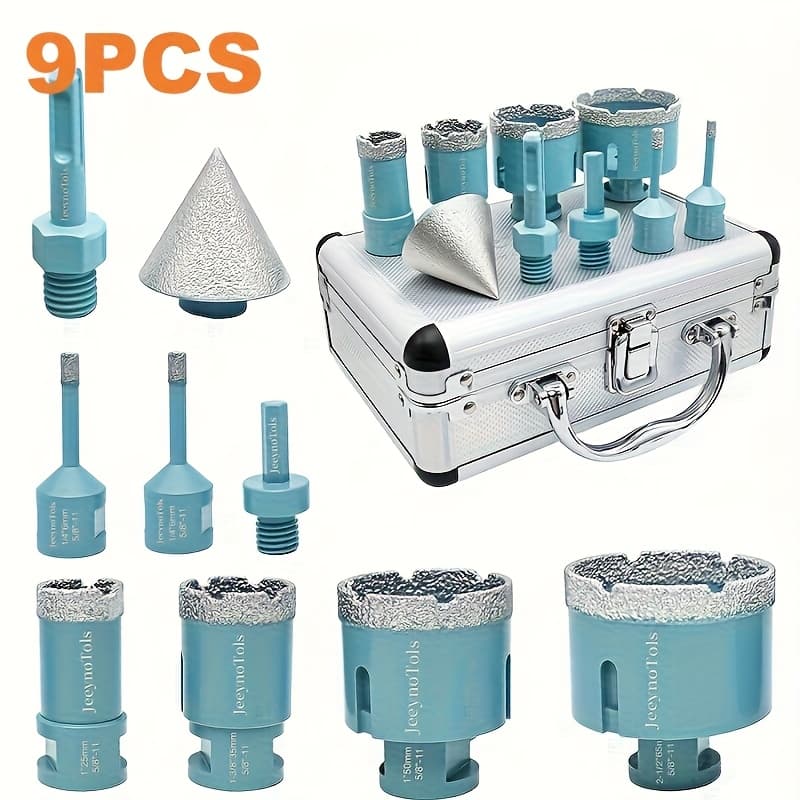 TEMU 9/10/11pcs Core Drill Bits Set, Drill Bit & Beveling Chamfer Bit & Adapter & Circular For Ceramic Tile Marble Porcelain With 5/8-11 Thread, Tile Bit, Tool, Tilesaw, Hole Drill Bits