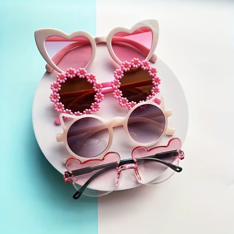 TEMU 4pcs Y2k Fashion Eyewear Set - Pink Round Frames With Heart Cutouts, Tinted Lenses, Suitable For Everyday Wear And Themed Parties, Made Of Acetate