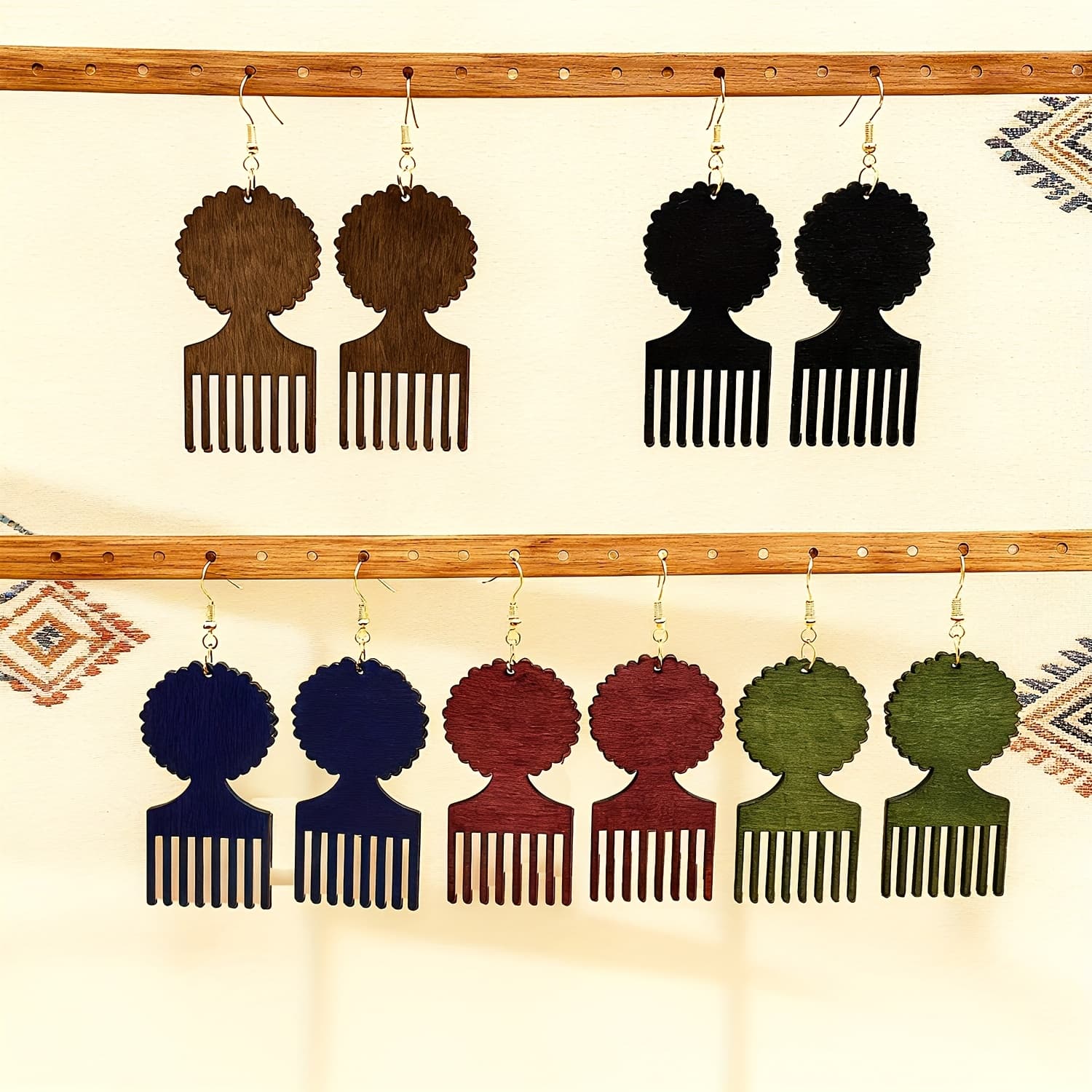 TEMU 5 Pairs Set Bohemian Wooden Comb Shaped Earrings, Unique Ethnic Style Jewelry Gift, Women's Vintage Drop Earrings, Suitable For Festive Celebrations And Parties, Wear