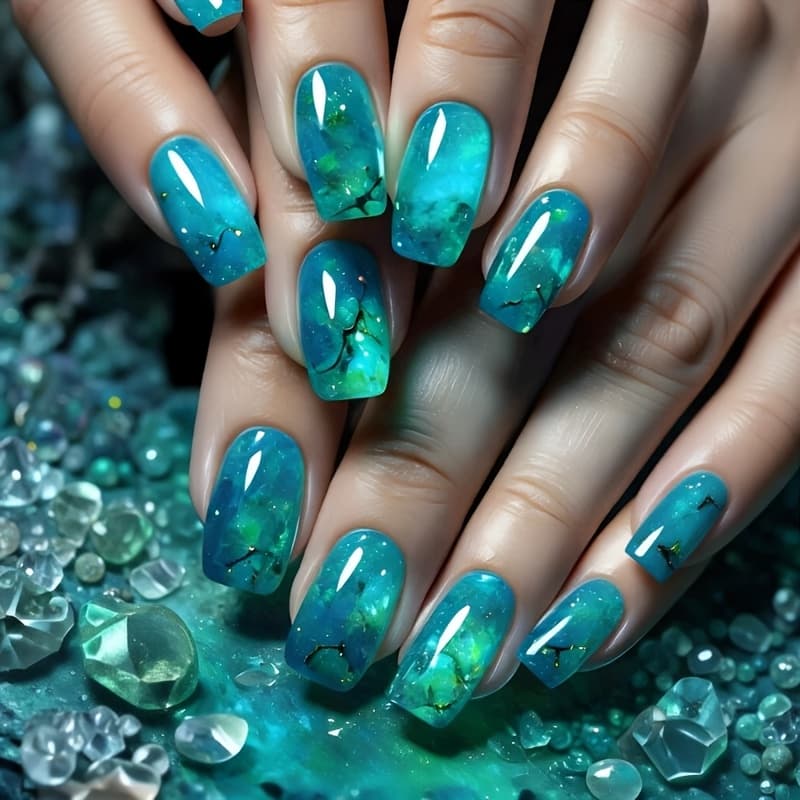 TEMU 24pcs Ocean Blue Press- Nails Suitable For , Square Medium Length False Nails With Ombre Blue Gradient Glossy, Machine- Diy Manicure/pedicure, Spring Summer For Use