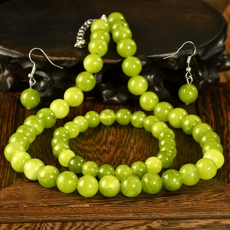 TEMU (4pcs Set) Green Necklace Bracelet Earring Set Fashionable Bohemian Natural Stone Handmade Jewelry (natural Depth Random) Ideal Gift For Men And Women, And Jewelry