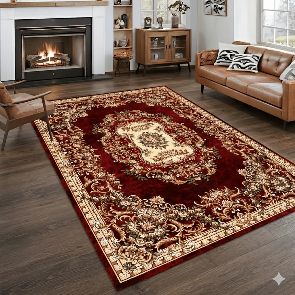 TEMU 1pc Luxury Velvet Floor Mat - Bohemian Vintage Persian Floral , Non-slip Machine Washable 100% Polyester, Suitable For High-traffic Areas In Living Room And Bedroom
