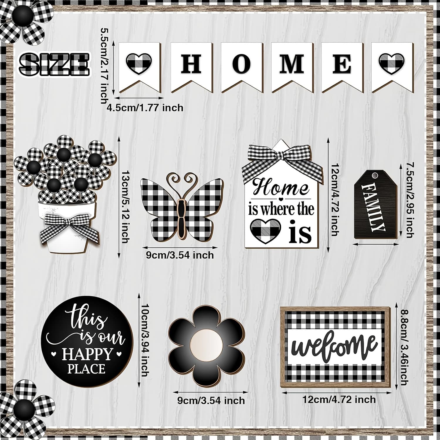 TEMU 13pcs Layered Tray Decoration Set For Wooden Tray Decoration, Black And White Checkered Decoration, Suitable For Home Decoration, Desktop Decoration, Party Decoration
