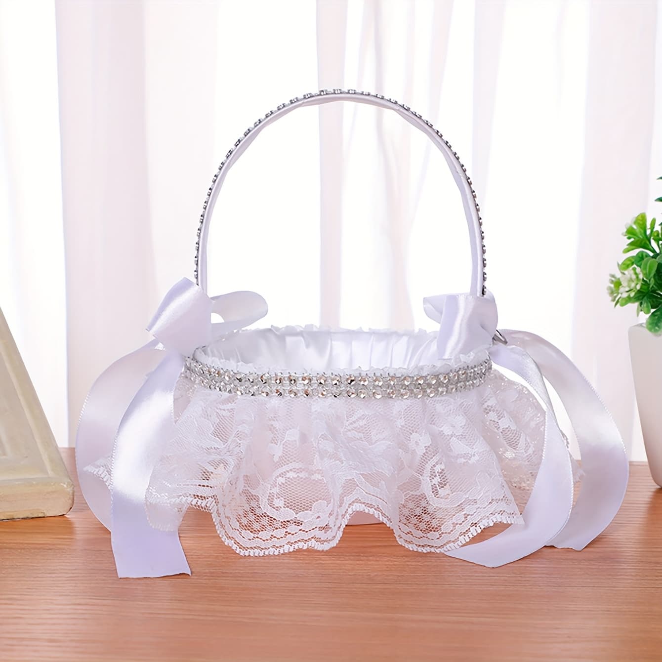 TEMU 1pc White Small Basket, Bridal Wedding Lace Canvas Lace Bow Handheld Wedding Petal Throwing Basket, Carrying Small Gift, Fruit Small Basket, Romantic Modern, Wedding Party And Daily , Dance Props