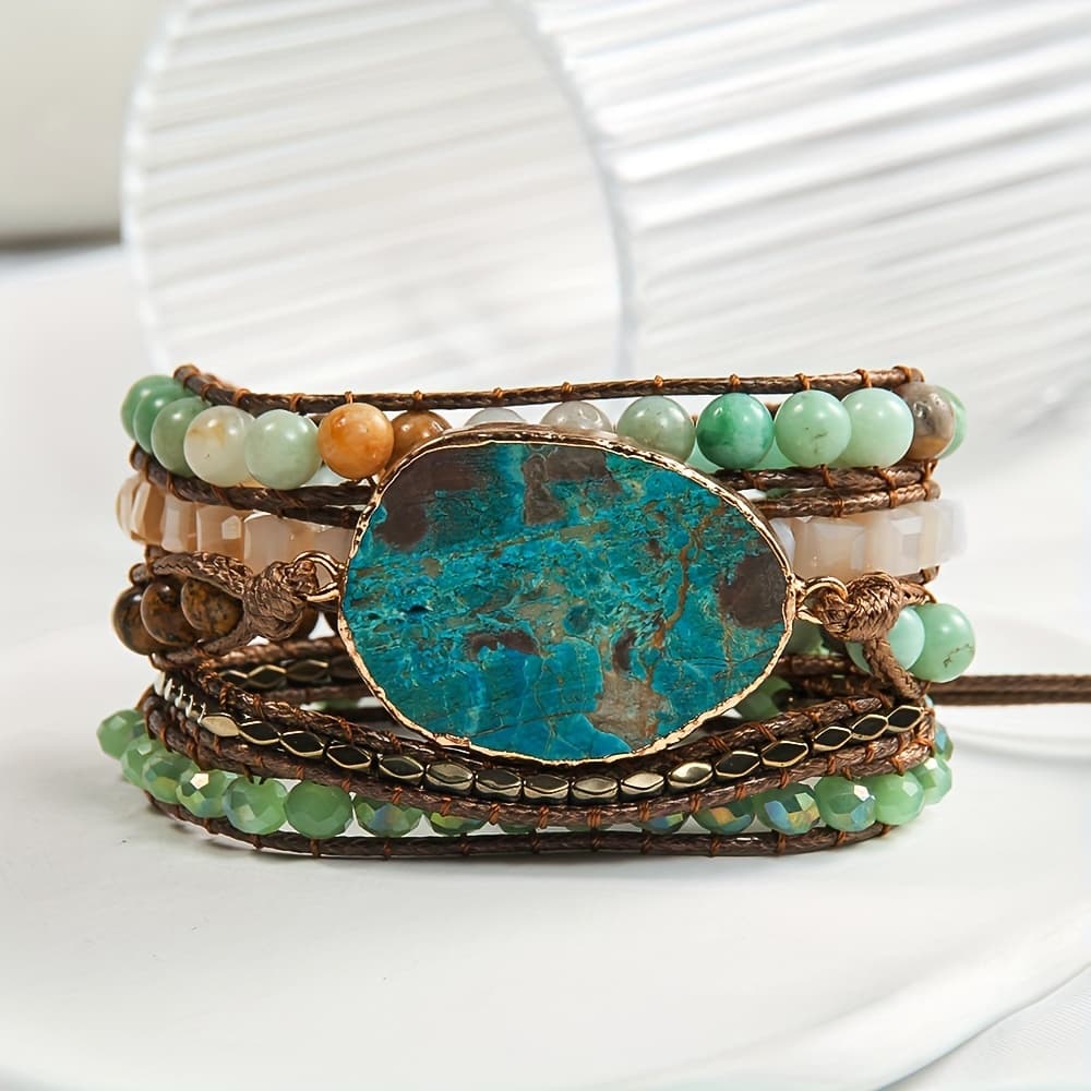 TEMU Bohemian Natural Stone Wrap Bracelet - Braided Rope With Beads, Rustic Stone Beads For Suitable For Summer Casual Attire & Gift Occasions