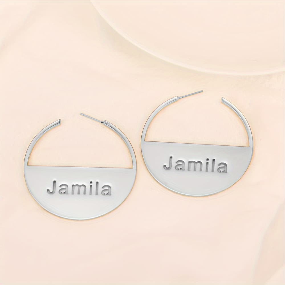 TEMU Customized Semi-circular Name Hoop Earrings, Personalized Simple Hollowed-out Name Studs Stainless Steel Golden Studs Women's Popular Jewelry Daily Wear Accessories Language English Only