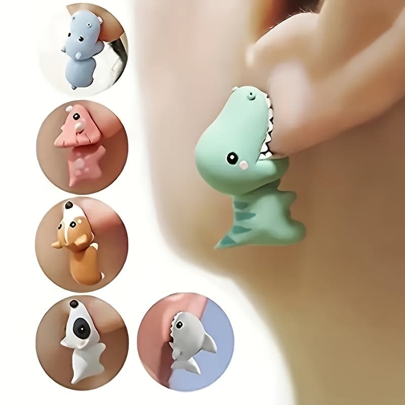 TEMU Random Style Cute Animal Earring Set - Dinosaur, Puppy, And Whale Patterns - Fun Clay Bite Jewelry Gifts, Fun Gifts, And Accessories