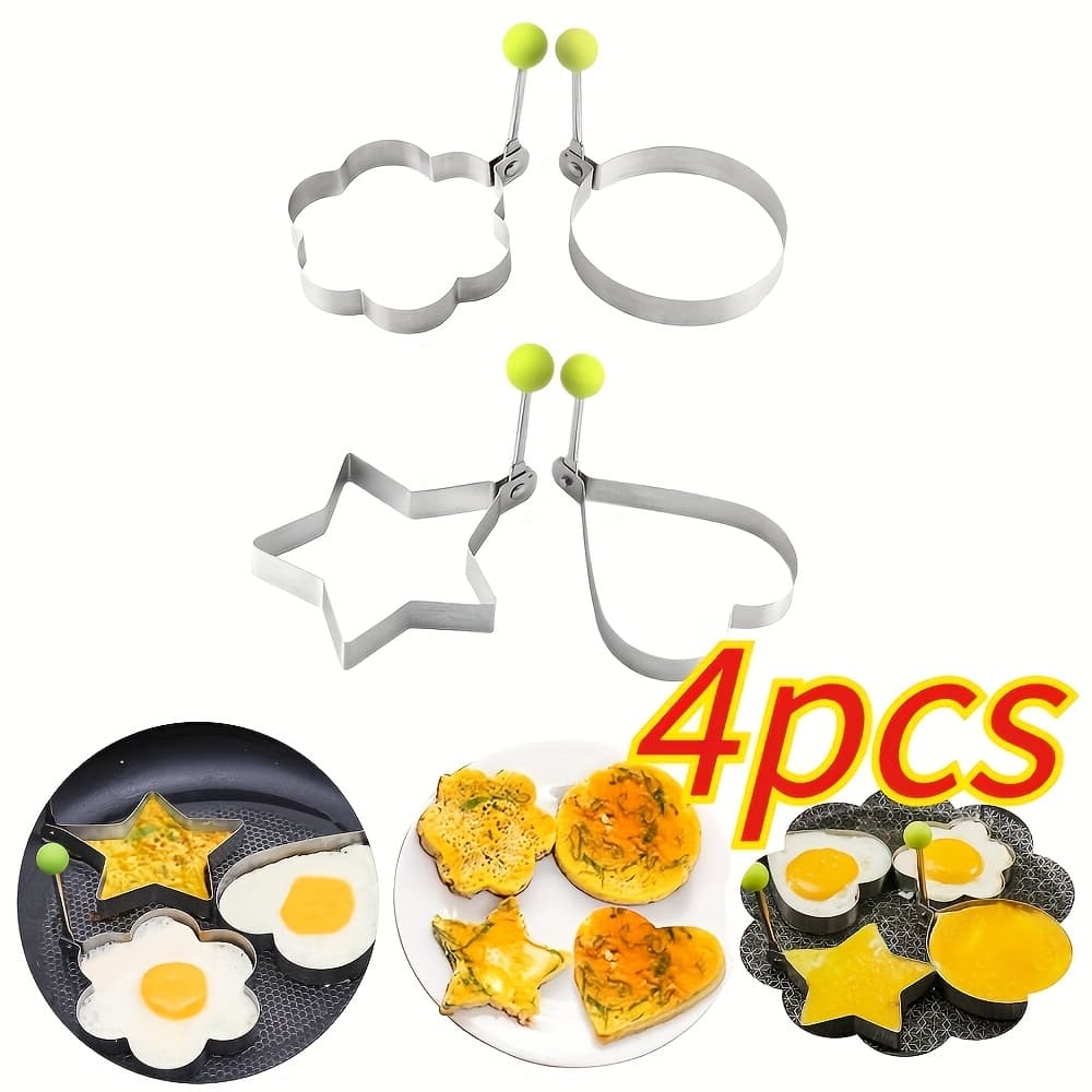 TEMU 4pcs Stainless Steel Egg Ring Mold, Round Flower Shape Egg Mold, Nonstick Omelette Tool, Rv Kitchen Accessories, Egg Mold Without Pancakes And Omelets, Omelette Tool, Love Bento Tool