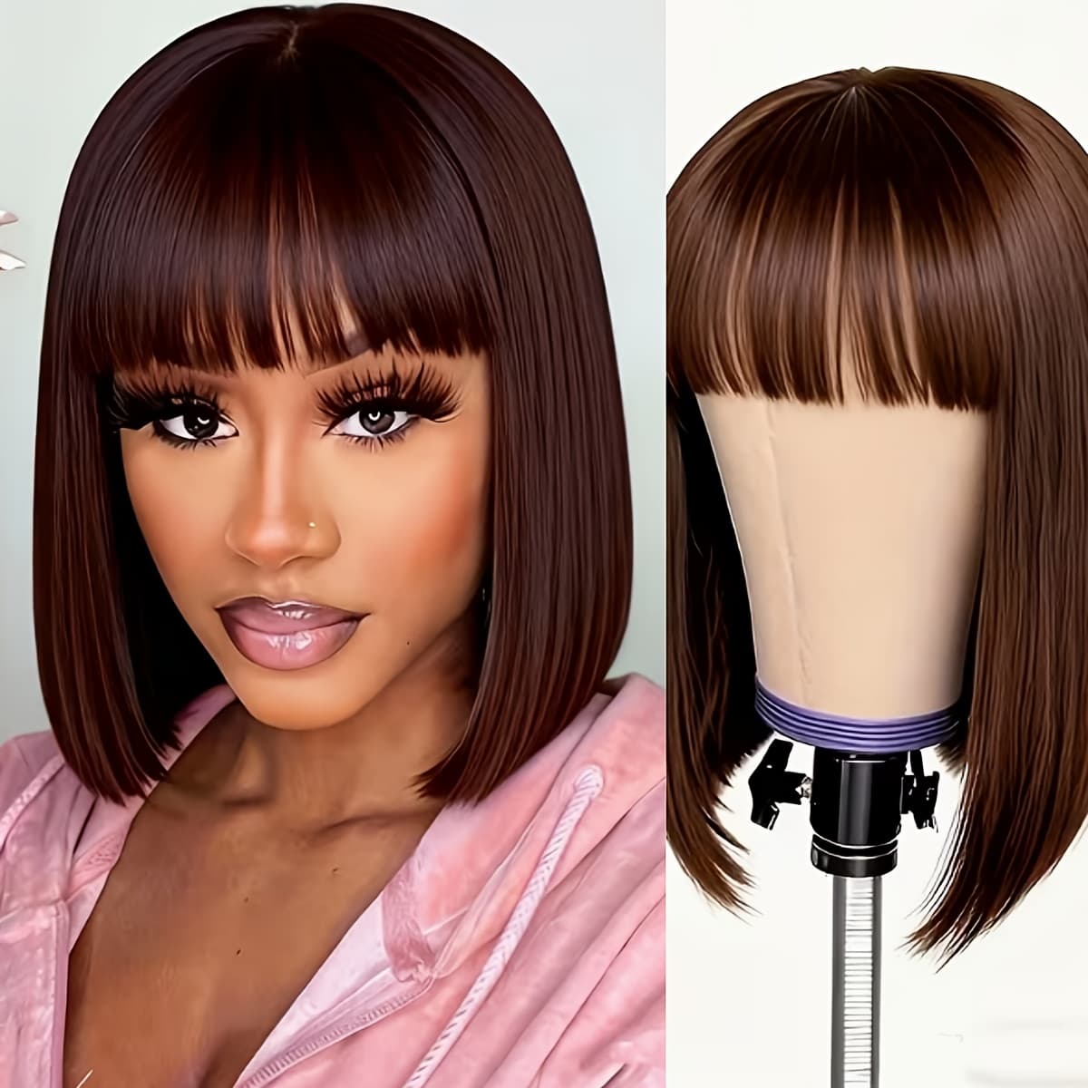 TEMU Elegant 12-inch Dark Brown Short Bob Wig, Made Of Heat-resistant Synthetic Fiber With A Straight Bangs Design - Suitable For Daily Wear, Parties, Cosplay, And Carnivals. Wig Accessory