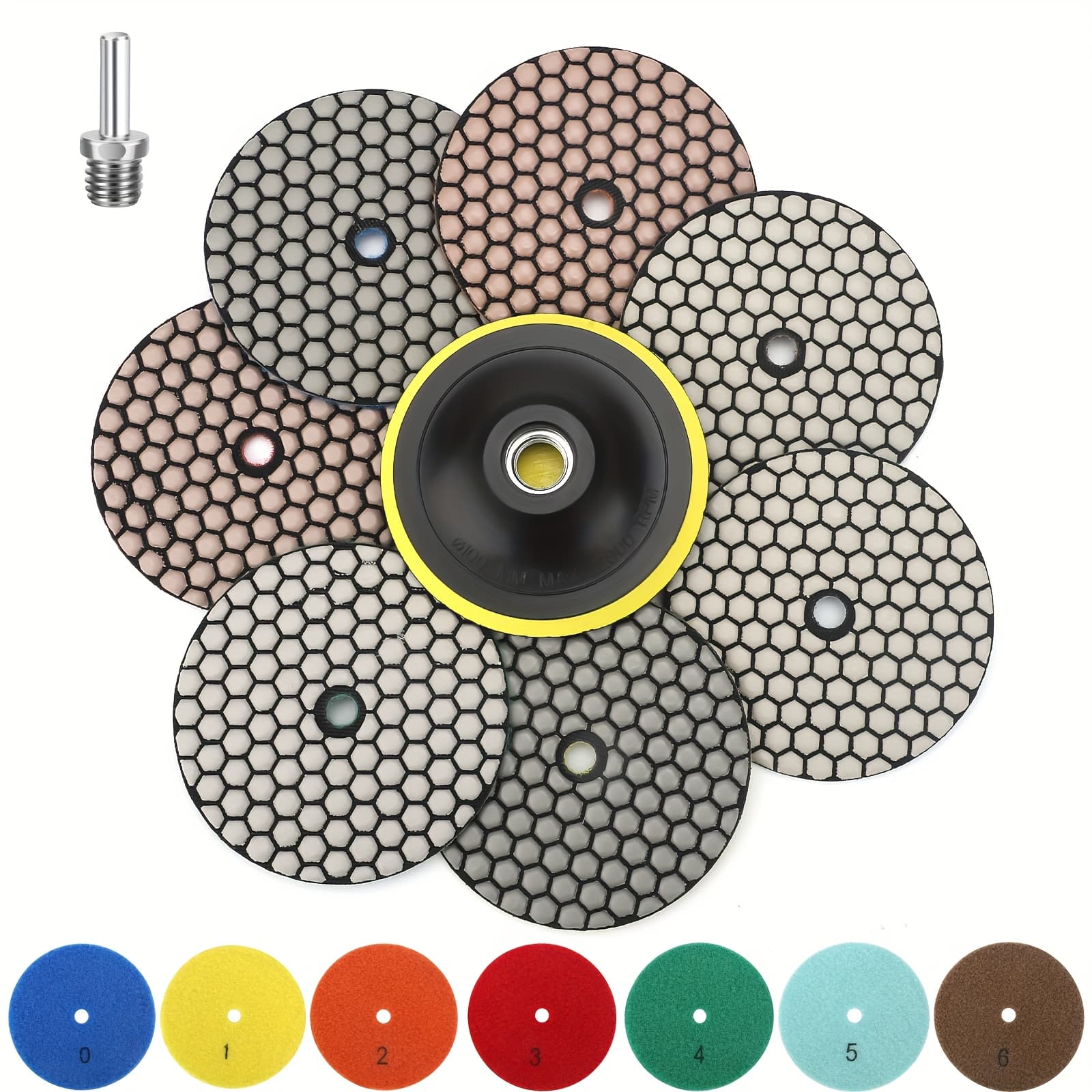 TEMU 8pcs Wet/dry Diamond Polishing Pads Set, 4 Inch 50-3000 Grit With 5/8"thread Adapter, For Concrete, Marble & Granite, Compatible With Grinders And Polishing Machines