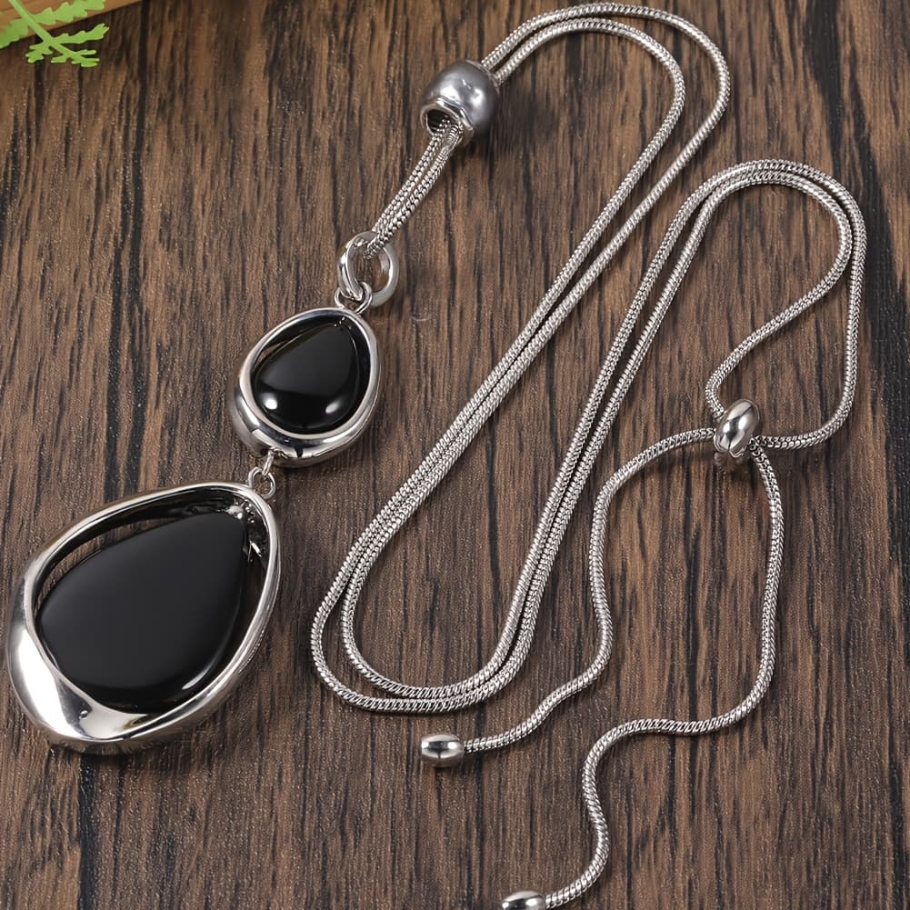 TEMU 1pc Geometric Black Stone Pendant Necklace For Woman Additions Alloy Long Necklaces Daily Party Prom Vacation Jewelry Gift