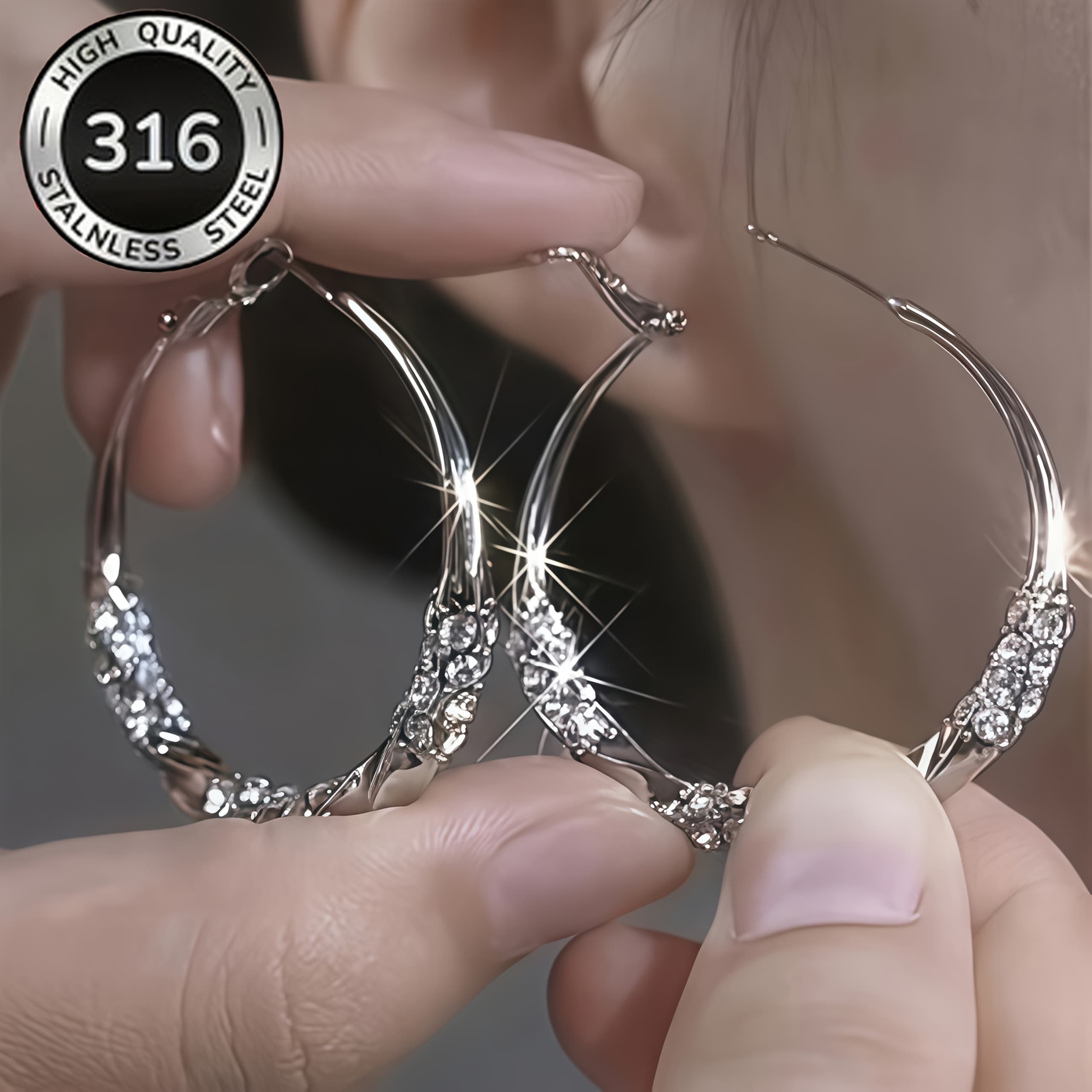 TEMU 2026 Summer Collection - Women's Large Round Steel Earrings - White K Plated Anti-oxidation - Easy Round Design, Zirconia Inlaid - Aesthetics