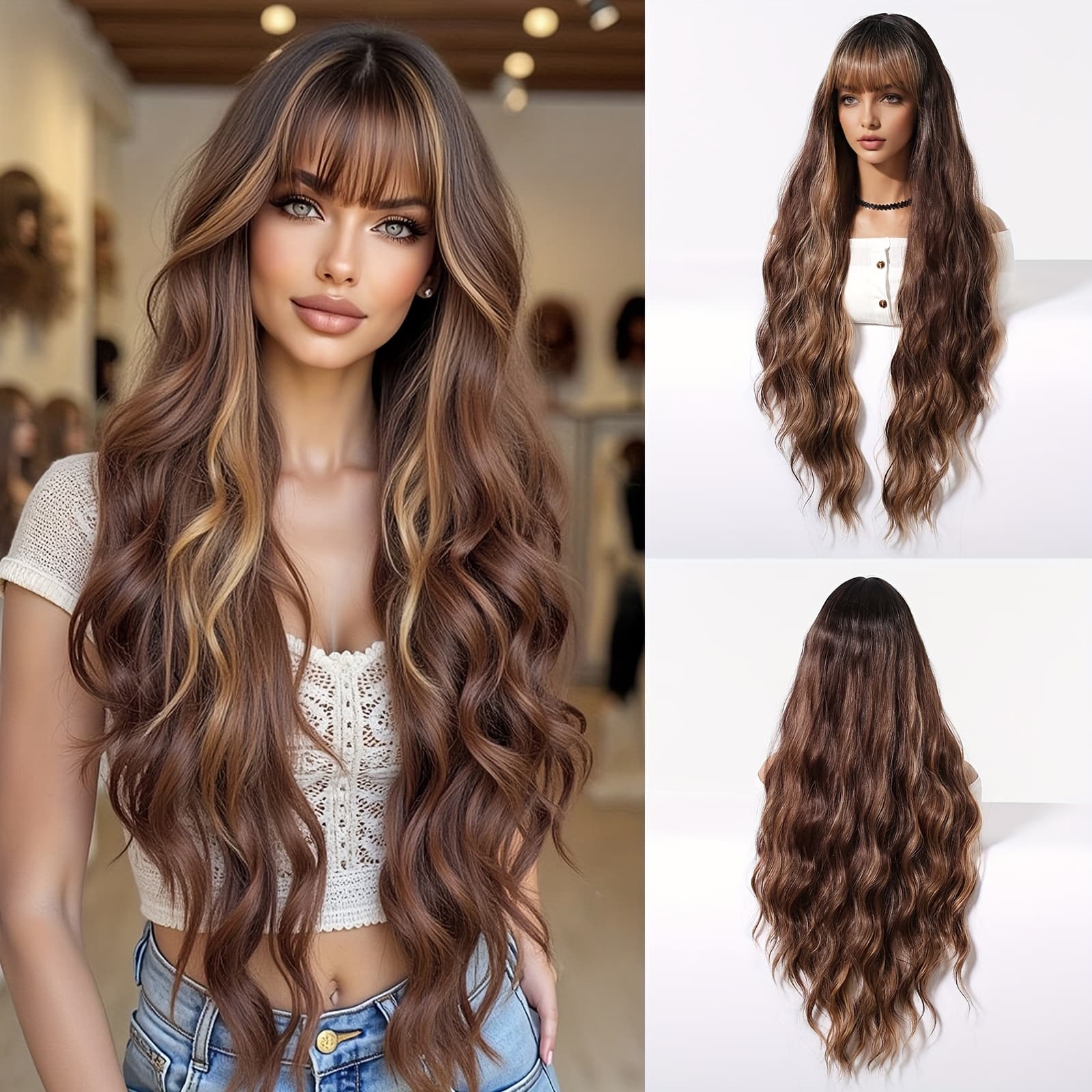 TEMU Elegant 32" Brown Curly Wig With Bangs For Women - Soft, Heat-resistant Synthetic Hair, Perfect For Daily Wear & Special Occasions