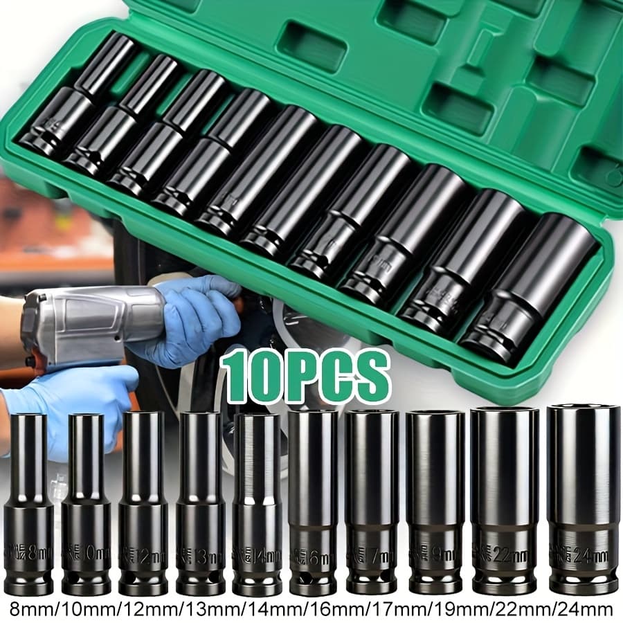 TEMU 10/19/35pcs 12-tooth Deep Impact Socket Set 6-point Socket Drive Shaft Nut Garage Workshop Car Truck Hand Tool 8-32mm, Vehicle Maintenance, , Heavy-duty Design, Precision Machining,