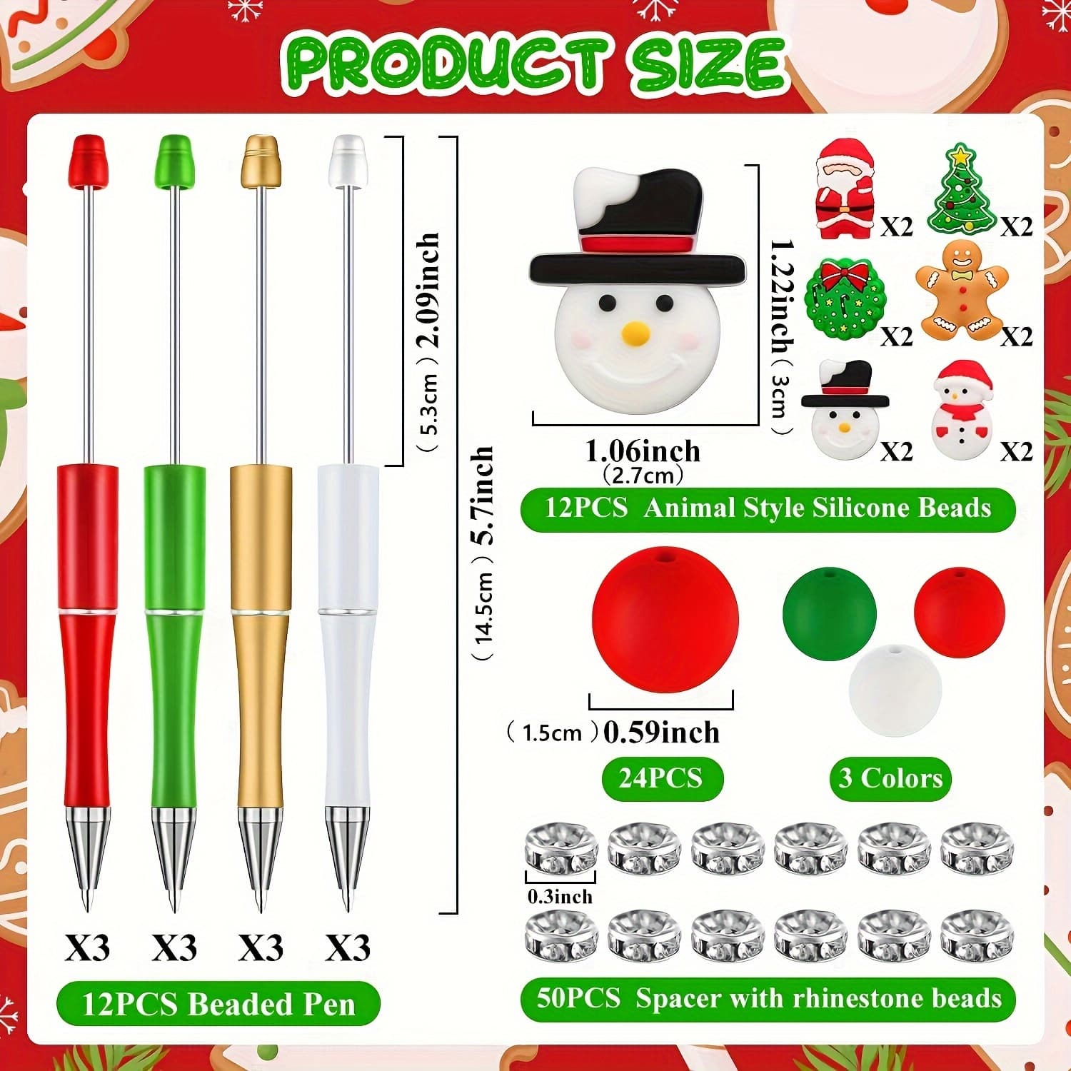 TEMU 98pcs Christmas Focal Beads Set, Bead Pens - Vibrant Diy Kit With Silicone Spacer Beads, Plastic Ball Tips, And Synthetic Stones - Ideal Fashion Jewelry Making Accessories For Creative Gifts