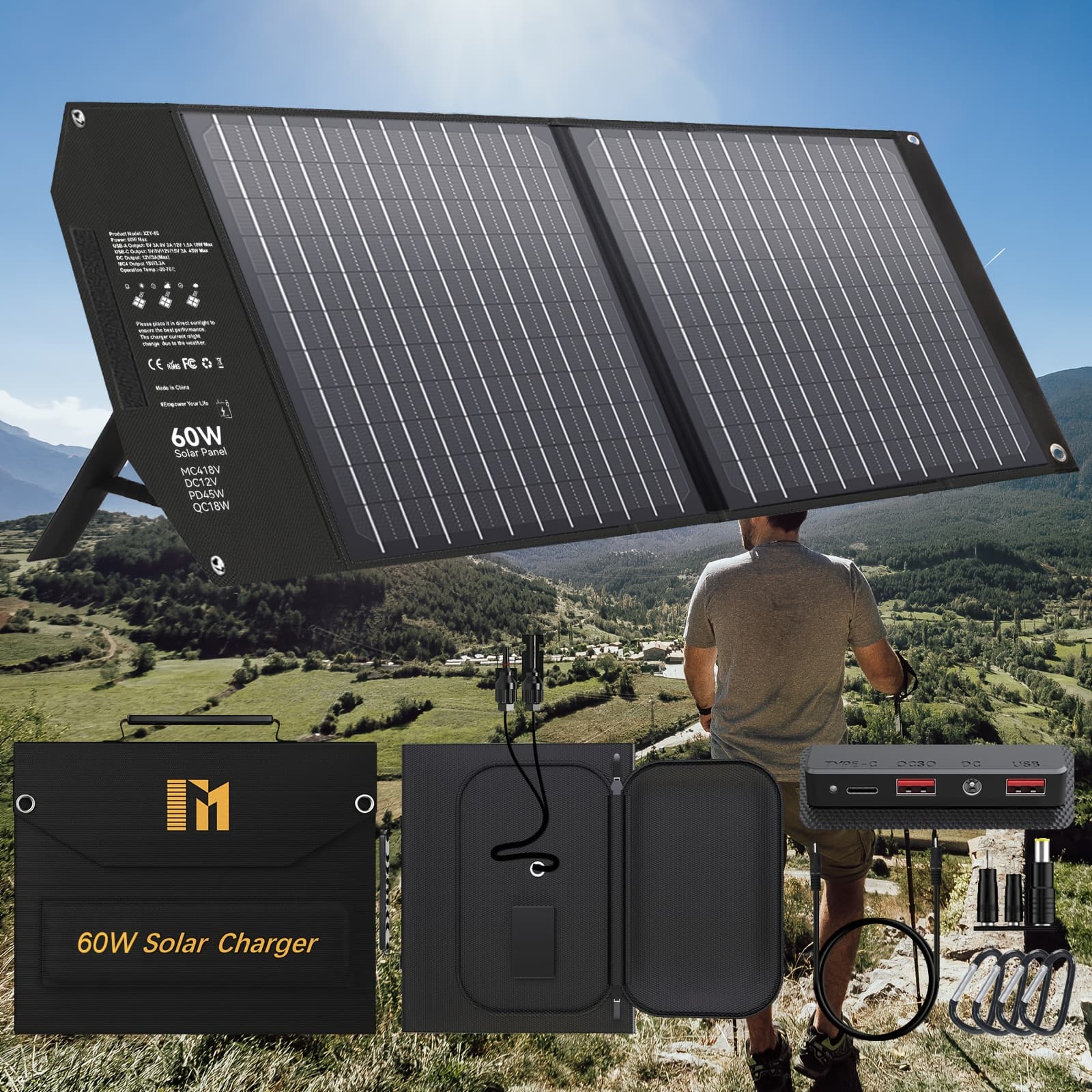 TEMU Travel-ready 100w/60w/30w Solar Charger | Portable Foldable Panel With 18v Mc4, Dual Usb-a (qc3.0), And Usb-c (pd18w) Ports, Fast Charging, Universal