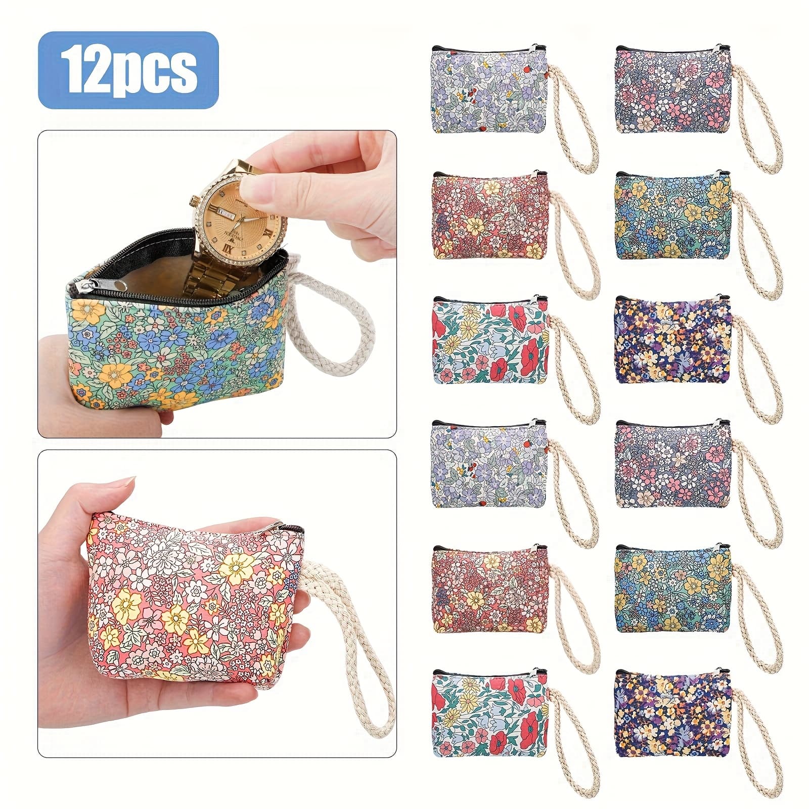 TEMU 12pcs Bohemian Floral Coin Purses, Multi-functional Jewelry Bags, Vibrant Makeup Organizer With Handles And Zipper, Perfect For Outdoor Travel, Christmas Gifts