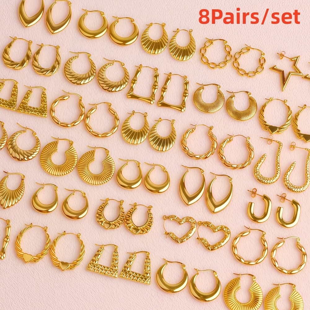 TEMU 8-pair Pack Of Random Style Women's Fashion Stainless Steel Hoop Circle Earrings, Trendy Party Gift, Daily Jewelry Set