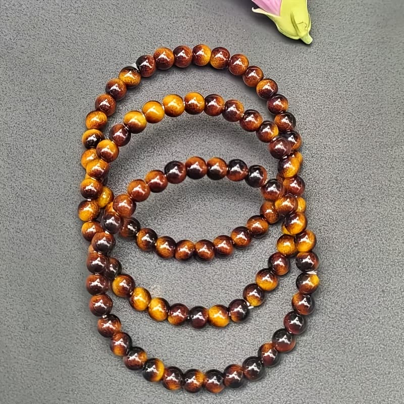 TEMU 3pcs 6mm/8mm/10mm Tiger Eye Stone Bracelet, Multicolor Glass Bead Bangle, Unisex, Perfect For Vacation And Everyday Parties, Gift For , For Teenager