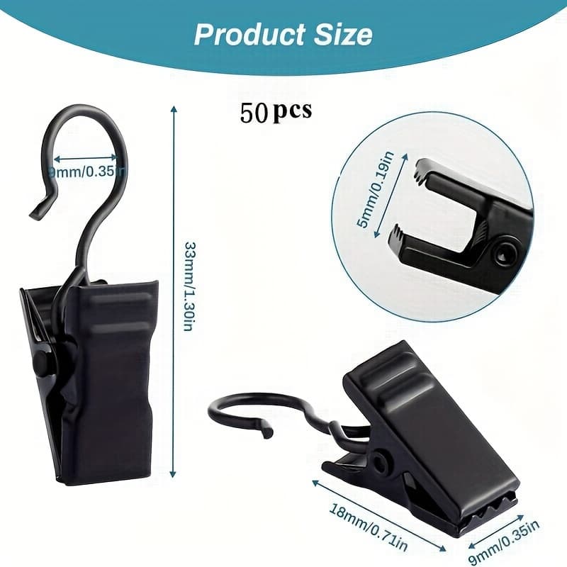 TEMU 50pcs Black Curtain Rod Clip Set, Curtain Hooks, Multi-functional Hanging Clips, Photo Clip/tent Light Clip/party Decoration Clip, Home Essential Gadget