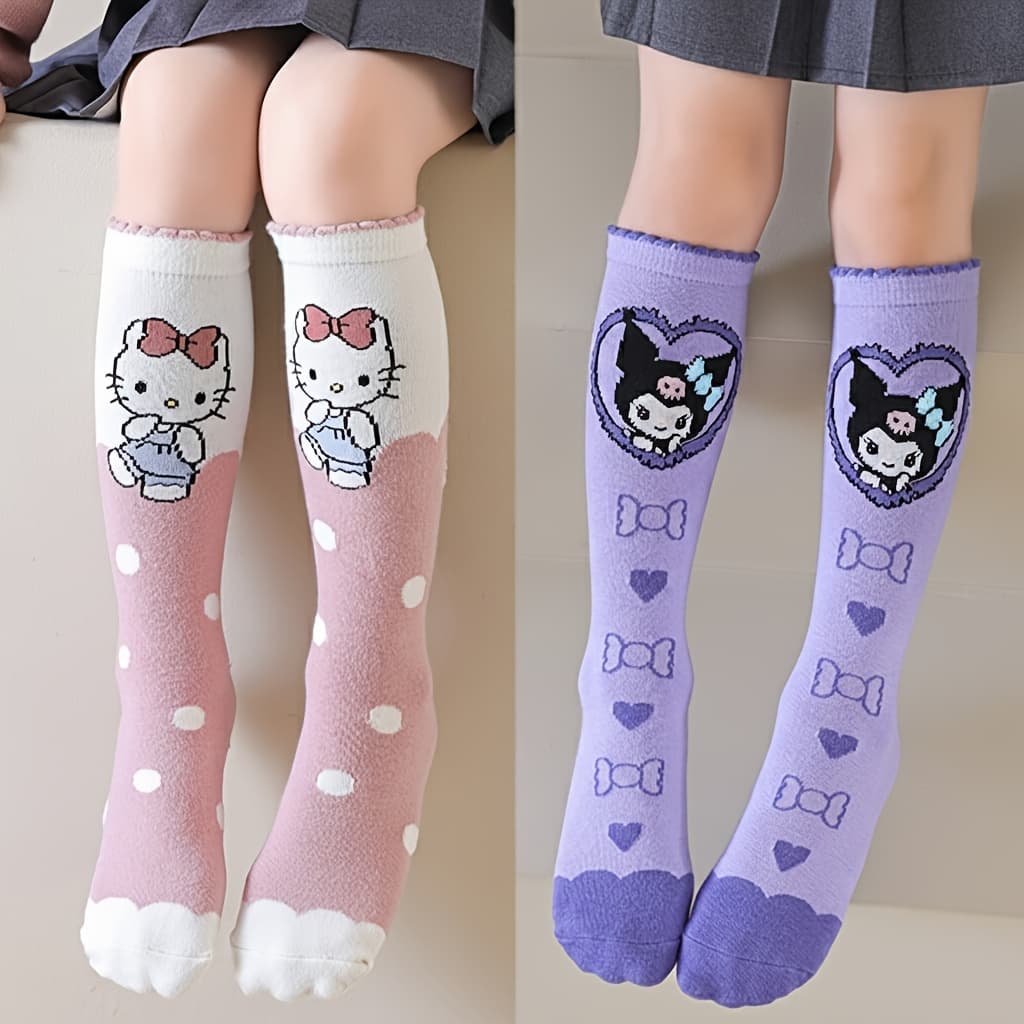 TEMU Girls Long Tube Socks Hello Kitty & Kuromi Cartoon Cute Warm Breathable Comfortable Soft For Spring Autumn Daily Wear