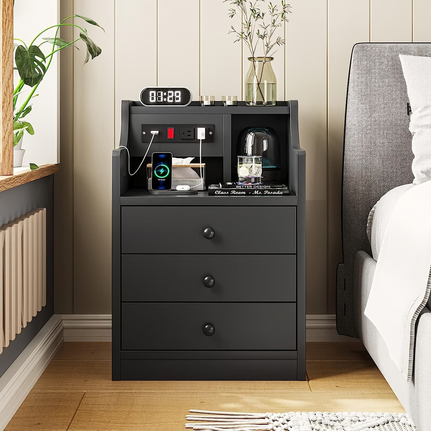 TEMU 1pc Black Nightstand With 3 Drawers And Storage Hutch, Nightstand With Charging Station, Modern End Side Table For Bedroom