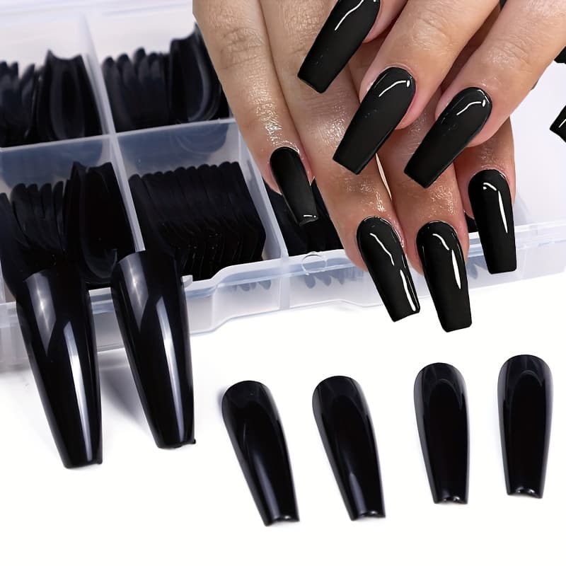 TEMU 120 Black Press-on Nail Tips - Full Coverage, , Medium Length, Solid Color, Glossy Finish - Durable Fake Nails, Suitable For And Extensions, Acrylic Nail Supplies, In 12 Sizes