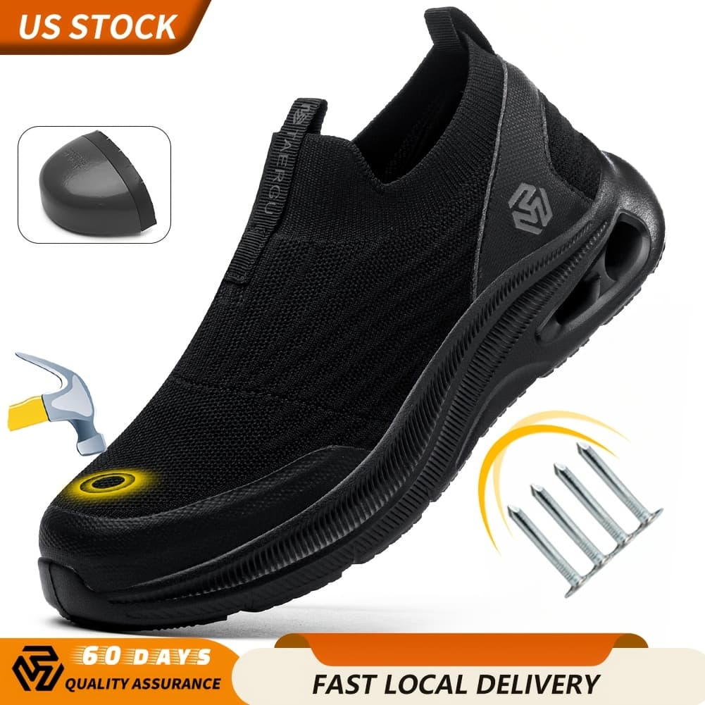 TEMU Men's Lightweight Slip- Toe Work Shoes - Comfortable Sneakers, Puncture-resistant Loafers, Work Shoes For Men, In Black/grey/blue, Sizes Us 6-14