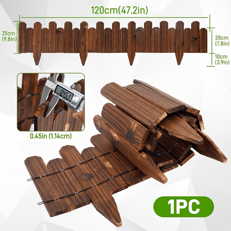 TEMU Carbonized Wood Fence With Vertical Arrangement Of Dark Brown , Deep Grounding Stakes For Stability And Aesthetics, And Oil Brushing To Enhance Texture. The Structure Divides Planting Areas And
