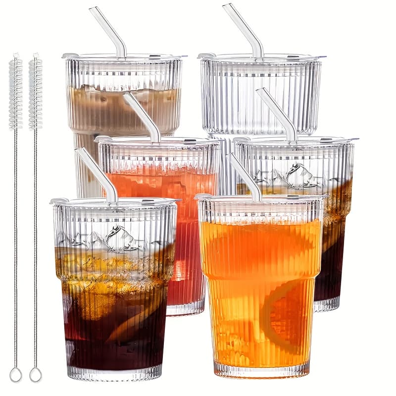 TEMU 6 Sets Of 12 Ounce/350ml Iced Coffee Cups With Lids And Straws, Glass Drinking Cups, Reusable Iced Coffee Cups For Iced Tea, Juice, And Water - Suitable As Birthday Gifts For .