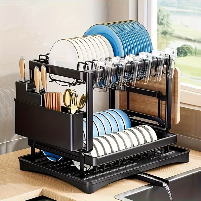 TEMU 1pc Dish Drying Rack, Kitchen Counter Dish Rack, 2-tier Large Dish Drying Rack With Drip Tray, Dish Drainer With Drainage Device Holder, Suitable For Dishes/knives/cups/cutting Boards