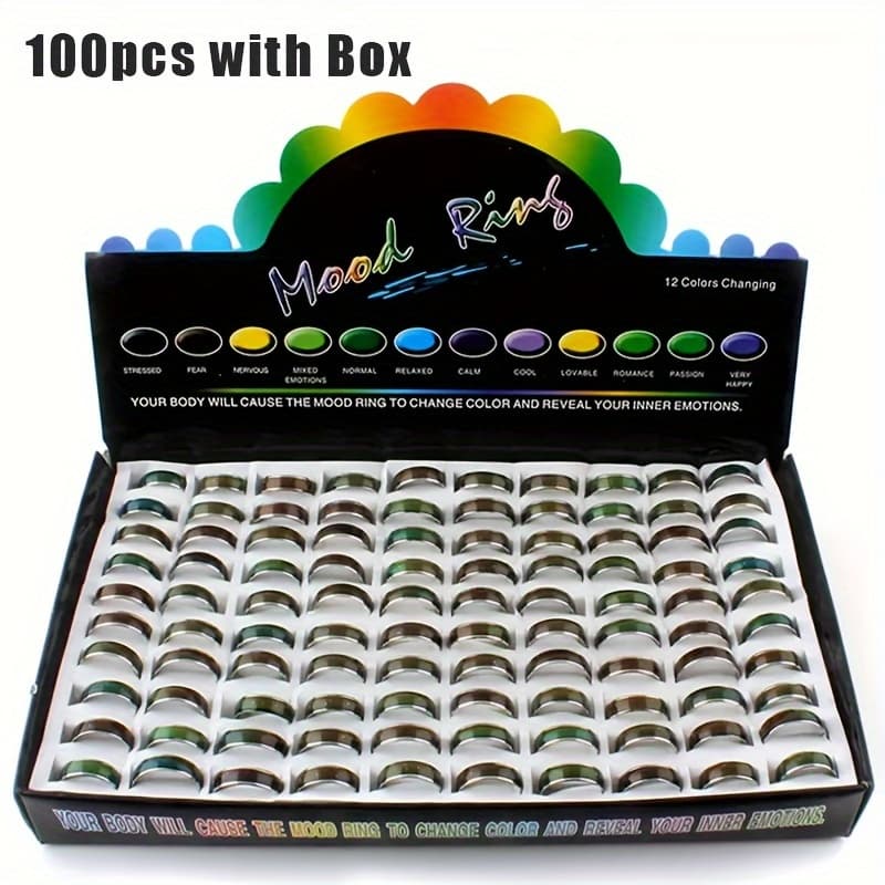 TEMU 100pcs Temperature-sensitive Mood Rings With Box - Color-changing Thermometer Suitable For &, Display Box Included, Mix Size For Parties, Gifts, Daily Wear (no Coating)